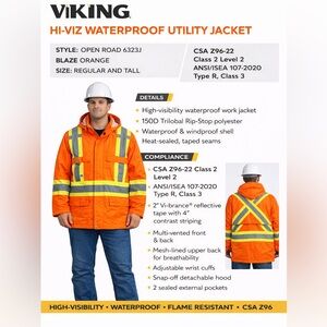 Viking 6323J Open Road Hi-Vis Rain Jacket CSA Z96 ANSI Class 2 Waterproof Large
